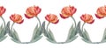 Seamless border watercolor abstract wave with flower red orange tulip and green leaves isolated on white background Royalty Free Stock Photo