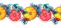Seamless border watercolor citrus fruit: orange slice and grapefruit with red berries, green christmas tree branch Royalty Free Stock Photo