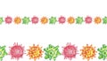 Seamless border watercolor pencils hand drawn illustrations of colorful viruses in cartoon style