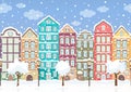 Seamless border of winter retro colorful houses, trees, lanterns in snow, exterior urban landscape, city background. European Royalty Free Stock Photo