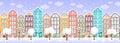 Seamless border of winter retro colorful houses, trees, lanterns in snow, exterior urban landscape, city background. European Royalty Free Stock Photo