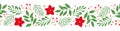 Seamless border with winter twigs and poinsettia flowers on white background. Template for winter Christmas design Royalty Free Stock Photo