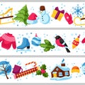 Seamless borders with winter objects. Merry Christmas, Happy New Year holiday items and symbols Royalty Free Stock Photo