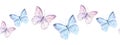 Seamless bordure with watercolor illustrated delicate blue and pink butterflies. Design for packaging, label and