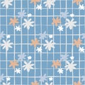 Seamless botanic pattern with daisy flowers. Blue background with check. Simple backdrop