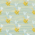 Seamless botanic pattern with flower heart elements. Design in pastel palette, blue and yellow tones. Background with strips Royalty Free Stock Photo