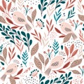 Seamless botanical pattern with cute birds and floral surrounding. Spring bird texture for fabric, textile, wallpaper. Vector Royalty Free Stock Photo