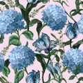 Seamless botanical pattern with hydrangeas and other flowers. Vector