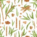 Seamless botanical pattern with piles and cubes of brown sugar, cane leaves and branches. Endless repeatable texture Royalty Free Stock Photo