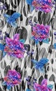 Seamless botanical pattern with pink hydrangea flowers painted on black and whitel animalistic background
