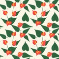 Seamless botanical pattern with red flowers . Red anthurium with leaves