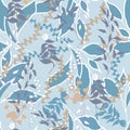 Seamless botanical pattern. Silhouettes of plants on a blue background. Gentle textile ornament for fabric, wallpaper and paper