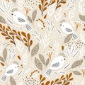 Seamless botanical pattern with white birds and floral surrounding. Delicate bird texture for fabric, textile, wallpaper. Vector Royalty Free Stock Photo