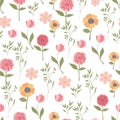 Seamless botanical pattern with wild flowers and herbs on a white background. Asters and chrysanthemums, forget-me-nots