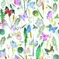 Seamless botanical summer pattern with colorful watercolor butterflies and meadow wild flowers, herbs, grasses Royalty Free Stock Photo