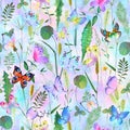 Seamless botanical summer pattern with colorful watercolor butterflies and meadow wild flowers, herbs, grasses Royalty Free Stock Photo