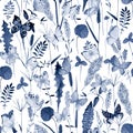 Seamless botanical summer pattern with indigo blue watercolor butterflies and meadow wild flowers, herbs, grasses