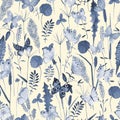 Seamless botanical summer pattern with indigo blue watercolor butterflies and meadow wild flowers, herbs, grasses