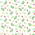 Seamless botanical vector pattern with hand drawn doodle berries red rose hips yellow buckthorn green twigs with leaves flowers