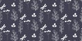 Seamless botanical vector. White leaves, branches of berries and dragonflies on a dark blue background. Abstract Royalty Free Stock Photo