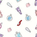 Seamless bottle of perfume pattern. Pattern illustration with cosmetic beauty product. Linear pattern with colorful perfume bottle