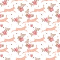 Seamless bouncing hare pattern with flowers. Hand-drawn elements in a doodle style. Stylized hare. Easter. Spring. Boho. Bouncing Royalty Free Stock Photo