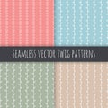 Seamless branch vector patterns. White vertical twigs with leaves on pink blue green beige background. Hand drawn ornament set