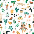 Seamless Brazilian pattern with symbols of Brazil on white background. Endless repeatable texture with food, animals