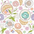 Seamless breakfast pattern with flowers, pastries and coffee.