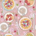 Seamless breakfast pattern with flowers, waffles, fruits Royalty Free Stock Photo