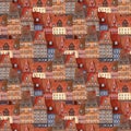 Seamless brick houses pattern, Watercolor architecture background with town, city, roof tiles for wrapping paper, kids wallpaper, Royalty Free Stock Photo