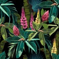 Seamless Bright Artistic Tropical Pattern With Palm Leaves, Ficus And Lupines Flower.