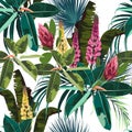 Seamless bright artistic tropical pattern with palm leaves, ficus and lupines flower.