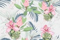 Seamless bright artistic tropical pattern with palm leaves, ficus, monstera, pink orchid and protea flower.