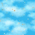 Seamless bright blue night sky pattern with gold foil constellations, stars and watercolor clouds