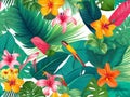 Seamless bright colorful realistic tropical pattern with monstera leaves. palm and banana leaves pink and orange hibiscus