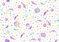 Seamless bright doodle space fabric textile pattern with planets, stars, galaxies on white background in kids design. Royalty Free Stock Photo