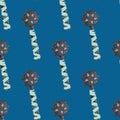 Seamless bright pattern with cartoon flail mace silhouettes. Norway ancient print on blue background. Battle backdrop