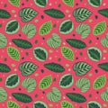 Seamless bright pink graphic illustration pattern with green tropical Calathea prayer plant leaves