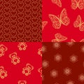 Seamless bright structures. Golden figures of flowers and hearts, butterflies and bears on a red background. Patterns for printing Royalty Free Stock Photo