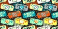 Seamless bright vector pattern with joysticks. Video game controller gaming cool print for boys and girls.