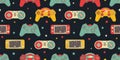 Seamless bright vector pattern with joysticks. Video game controller gaming cool print for boys and girls