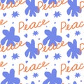 Seamless bright vector pattern with a Peace message. No war repeating ornament on transparent background in doodle Royalty Free Stock Photo