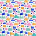 Seamless bright watercolor pattern for a nursery. Colorful elements imitating mountains, clouds or crowns.
