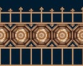 Seamless bronze vintage forged metal fence at medieval style on blue background