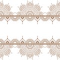 Seamless brown henna pattern mehndi border elements with flowers for tattoo or card in Indian style on white background