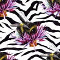 Seamless bumblebee pattern with flowers on a zebra skin background Royalty Free Stock Photo