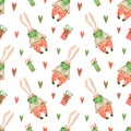 Seamless bunnies pattern. Watercolor cute background with cartoon hare in red pants with pocket, rabbit, illustration, hearts and Royalty Free Stock Photo