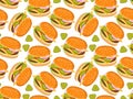 Seamless Burger pattern. Cartoon hamburger and pickled cucumber slice repeated pattern. Fast food print for menu cafe