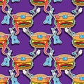 Seamless Burger pattern with guitar on purple background. Vector image